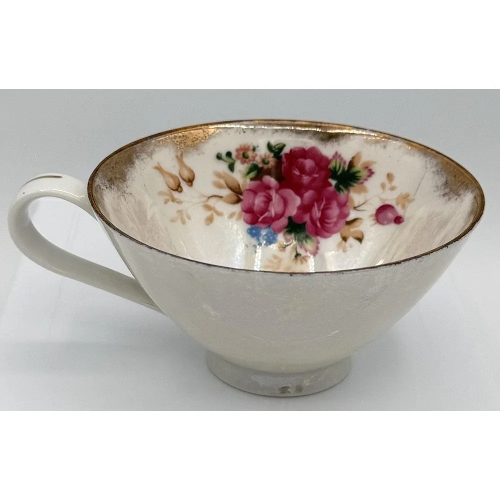 Tea Cup Pink Roses Floral Iridescent Pearlized Glaze Replacement Vintage